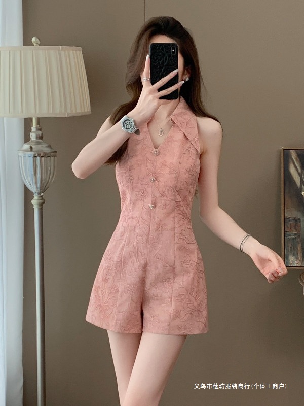 Luxury and elegant V-neck sleeveless jumpsuit for women, stylish, slimming, and flattering for petite figures.