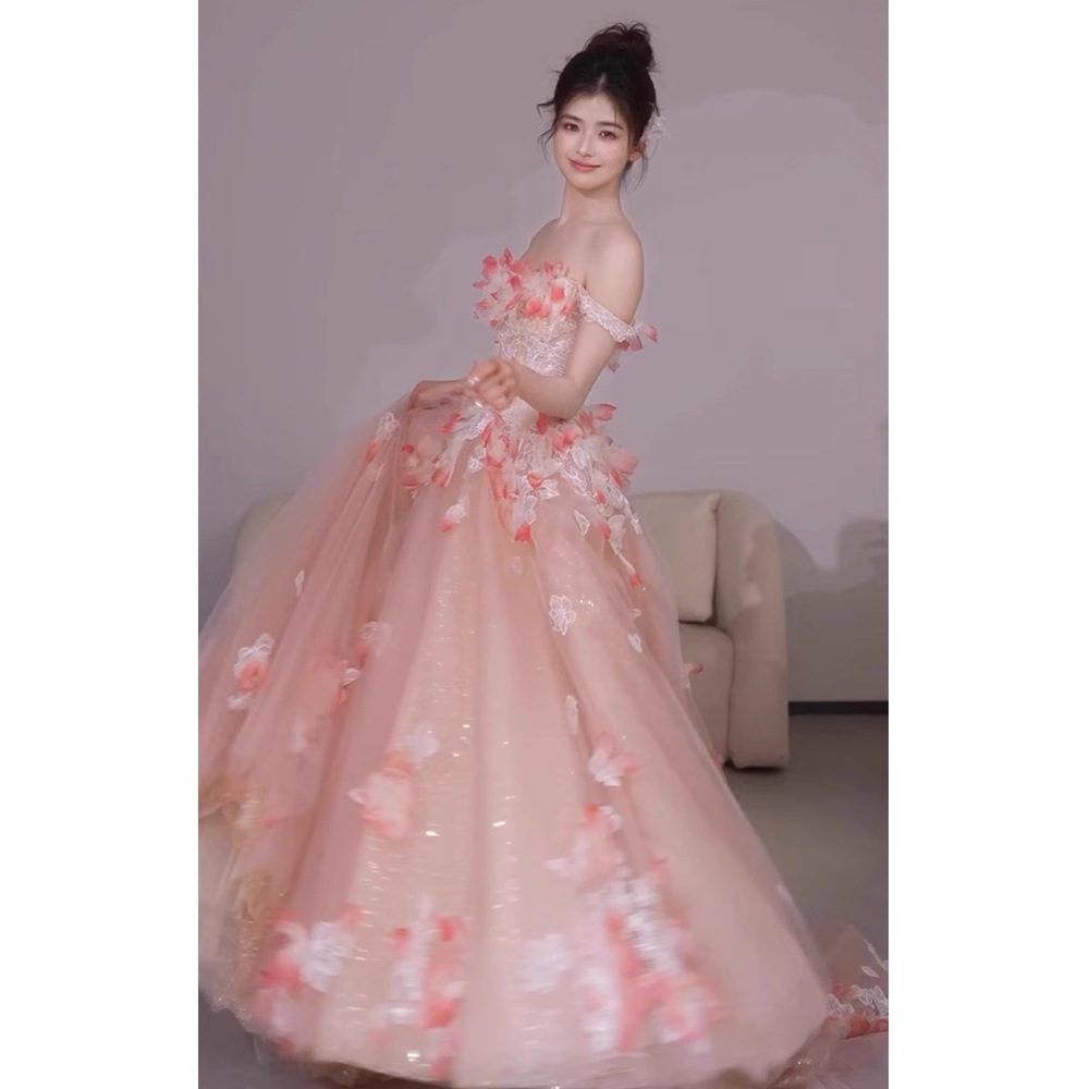 Vestido de noche rosa para mujer, vestido de compromiso con flores de un solo hombro, banquete de cumpleaños, anfitrión, ceremonia para adultos, vestido de brindis, novia