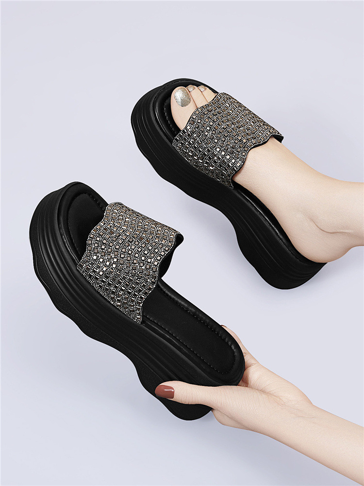 Sandal nữ đế dày đính đá lấp lánh phong cách thời trang — 6075 Màu be, 6075 Da đen chi tiết 7