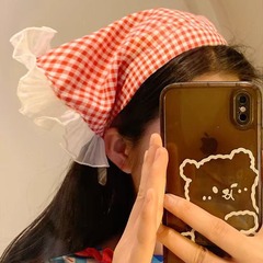 發箍款法式藍色格子蕾絲三角巾女包頭田園風髮帶高級感海邊氛圍感