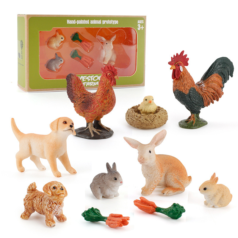 Simulación modelo de ganadería de aves de corral y animales estático sólido pastor de ovejas, caballos y cerdos combinación de trabajo conjunto de casa de perro y conejo