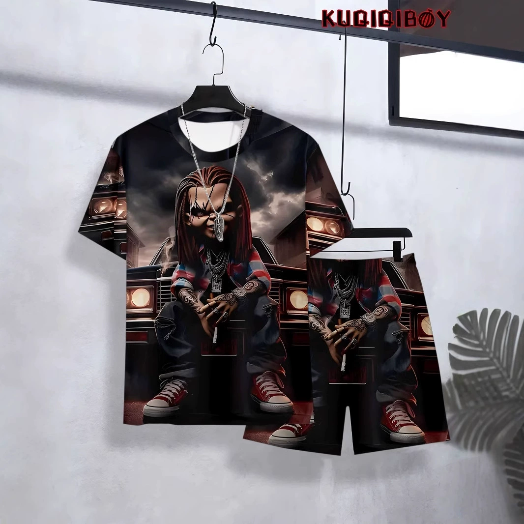 2025 Новый летний мужской повседневный спортивный 3D-принт с круглым вырезом футболка шорты набор из двух частей