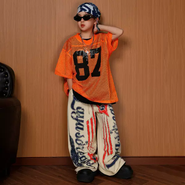 Boys and Girls Street Dance Hip-Hop Style Mesh Jersey Short-Sleeve Wide-Leg Pants Set Hip-Hop Street Performance Outfit