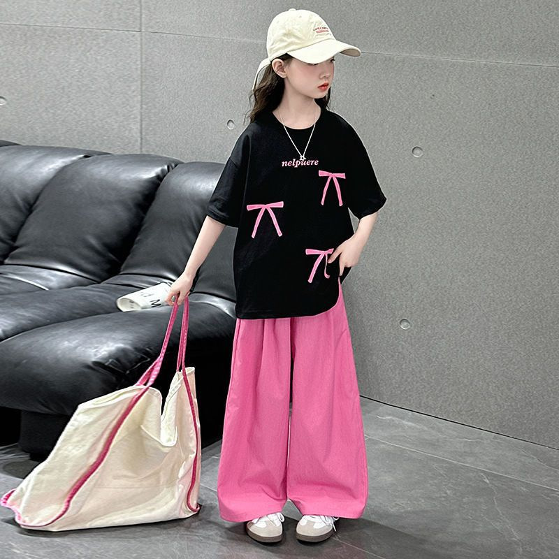 Girls' Summer Short-sleeved T-shirt Wide-leg Pants Two-piece Set 2025 New Big Boy Korean Loose Top Pants suit