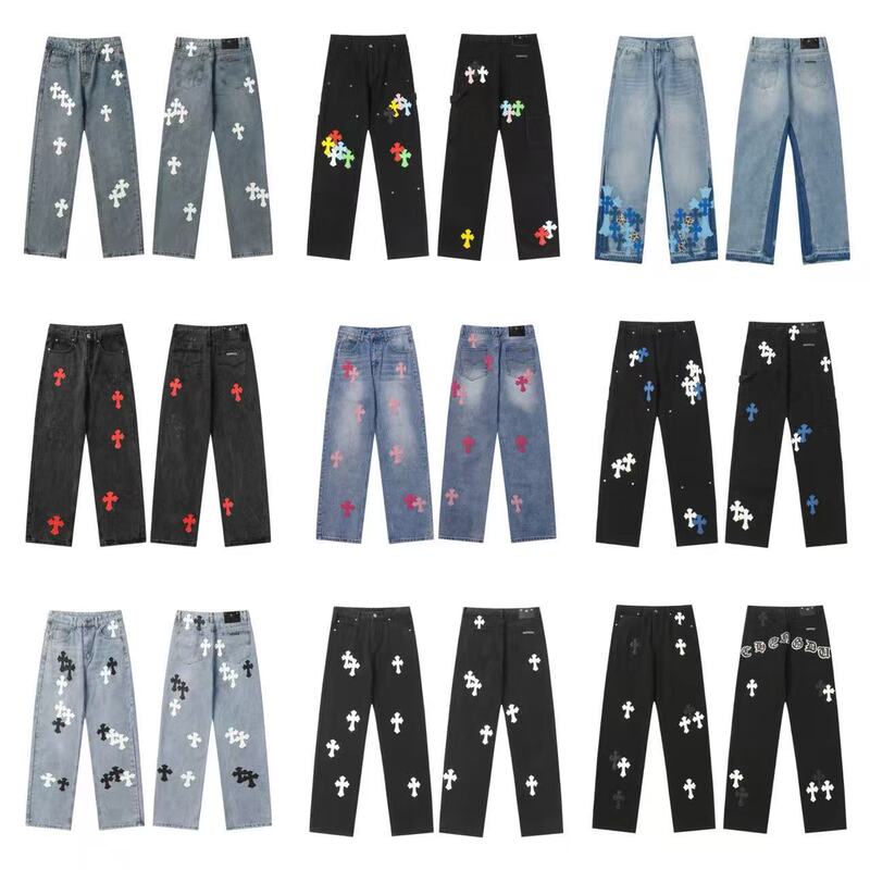 24 Correct Version Ch Chrome Hearts Cross Patch Embroidery Washed Jeans Couple Loose Fit Denim Wholesale in Stock