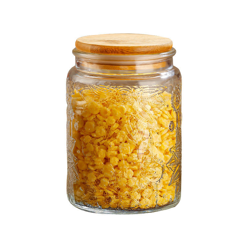 Tarro de almacenamiento de flores de Begonia vintage con tapa de madera tarro de almacenamiento tarro de vidrio sellado granos de té de frutas secas fábrica al por mayor