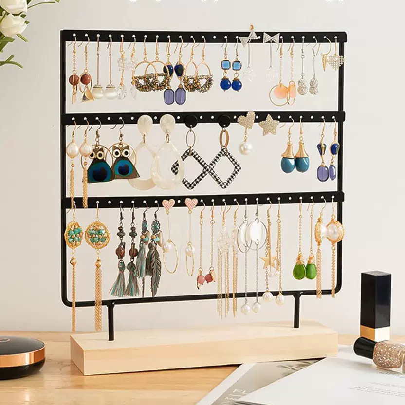亚马逊热销实木底座首饰架家居桌面饰品收纳架摆摊金属耳环展示架