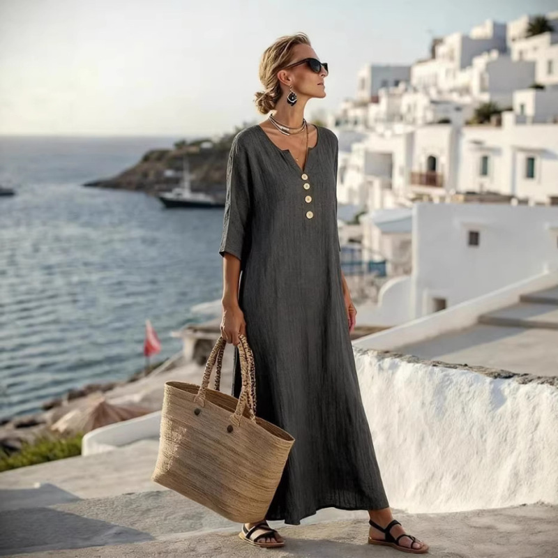 2026 European and American Cross-Border Independent Website Fashion V-Neck Long Dress with Loose and Elegant Design for Daily Wear and Vacation 2026 European and American Cross-Border Independent Website Fashion V-Neck Long Dress with Loose and Elegant Design for Daily Wear and Vacation