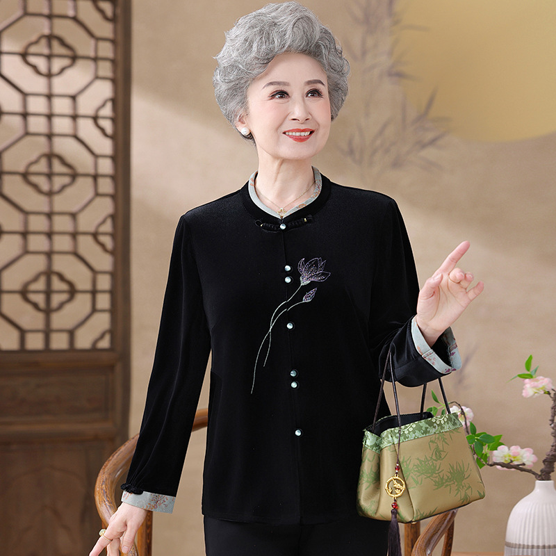 喜庆奶奶装长袖衬衫中老年人春秋装女金丝绒衣服婚宴礼服妈妈过寿|undefined