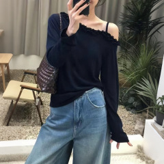 欧货慵懒感拼接花边露肩长袖T恤女秋季新款小个子斜肩针织上衣潮