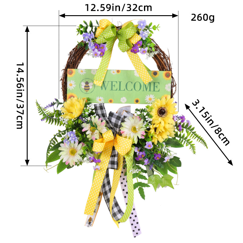 Letrero de Madera de Bienvenida Primavera, Decoración al por Mayor 2025, Nuevo Estilo Transfronterizo, Flor Artificial, Lazo para Colgar en la Puerta, Letrero de Bienvenida para Puerta