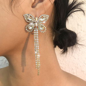 European and American Light Luxury Claw Chain Earrings Full diamond butterfly tassel earrings temperament all-match lady design earrings