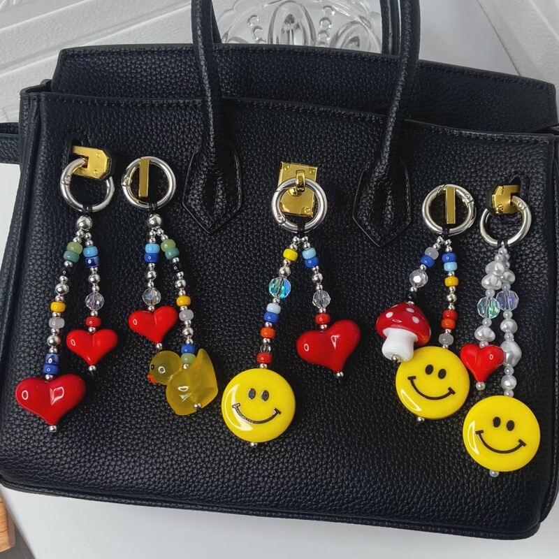Japanese and Korean Style Ins Niche Smiley Mushroom Love Little Yellow Duck Cute Handmade Beaded Keychain Bag Pendant