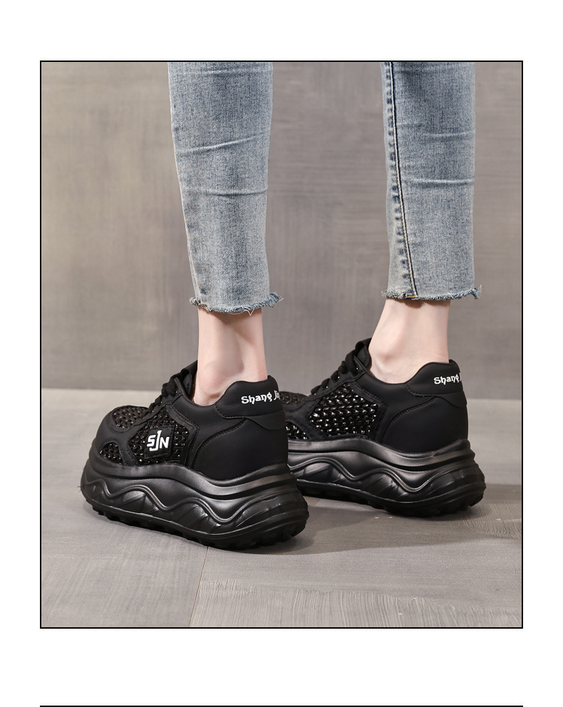 Giày sneaker nữ đế dày tăng chiều cao, thiết kế rỗng thoáng khí, phối trắng cơ bản — màu đen chi tiết 15