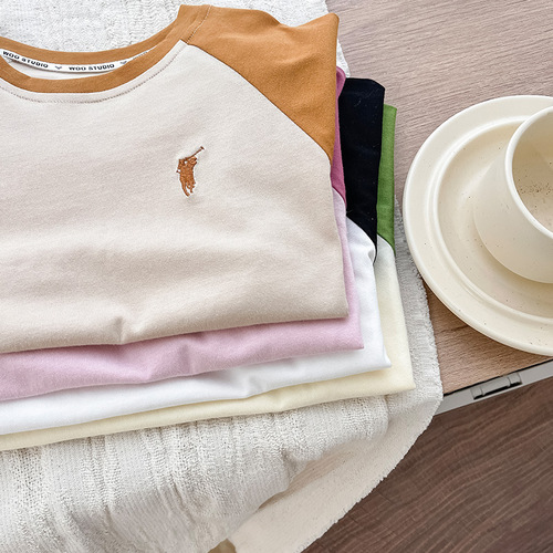 Xiaoku Children's Short Sleeve Medium Children's Trendy Korean Style Loose Top Children's Striped Color Crew Neck Loose Pure Cotton T-Shirt