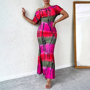 product - wholesale Women Clothing Printed Short Sleeve Diagonal Collar Slim Fit Sexy Dress Maxi Dress - 3