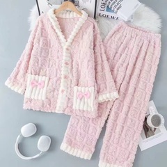 珊瑚绒印花兔头开衫暖暖套装冬季甜美睡衣加绒加厚提花家居服套装