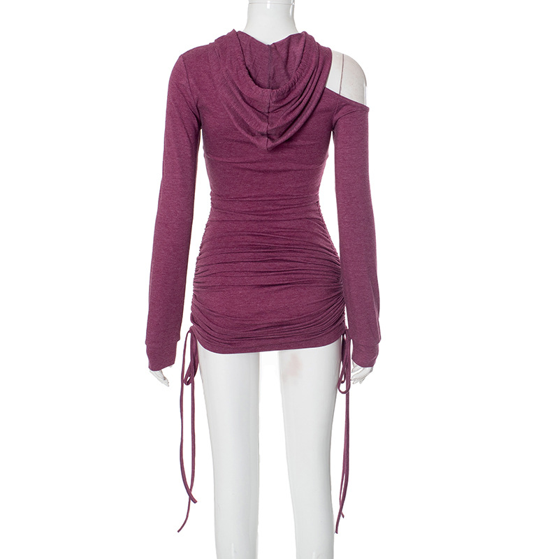 Autumn Solid Color Slim off the Shoulder Drawstring Dress Women