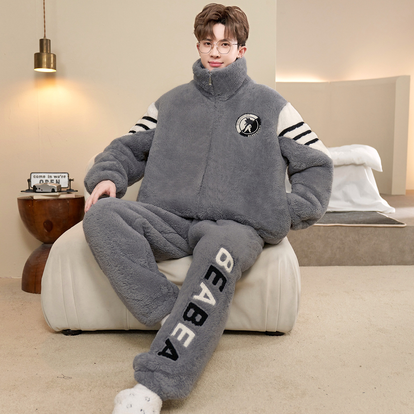 Winter Thickeneded Velvet Coral Velvet Men's Pajamas Men's Winter Youth Zipper Cartoon Home Clothes Autumn and Winter