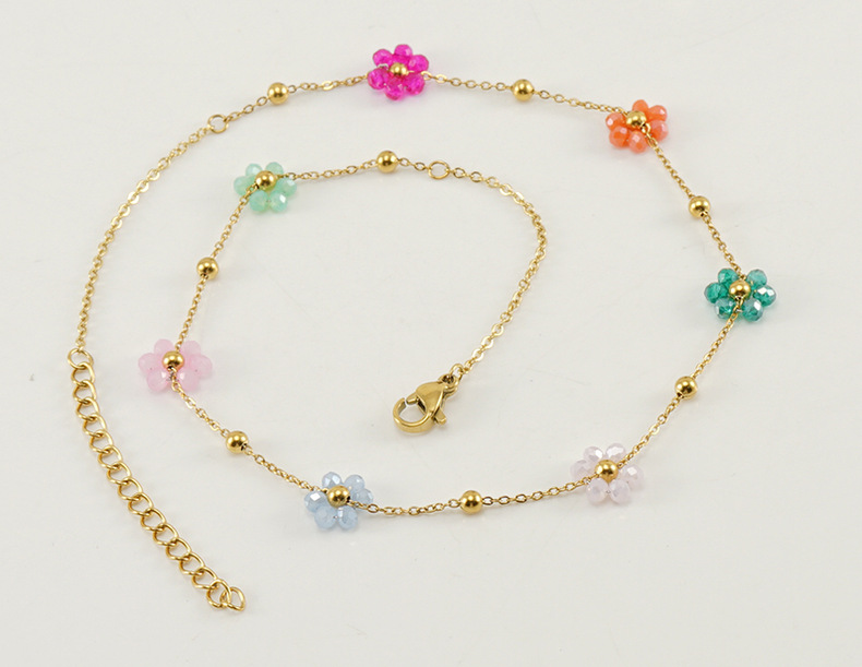 Fashion Flower Artificial Crystal Titanium Steel Beaded Plating Bracelets Necklace 1 Piece
