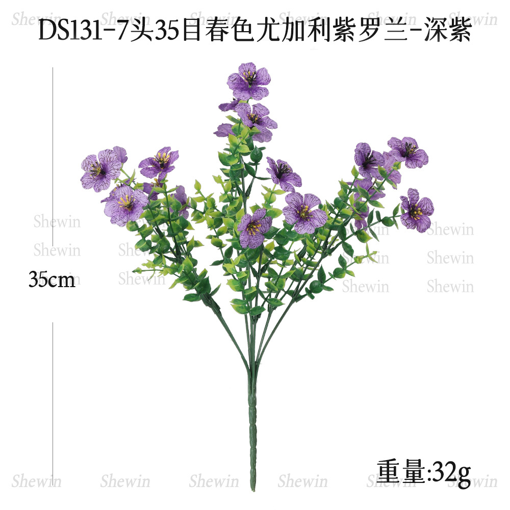 Flores artificiales de eucalipto violeta de siete cabezas para decoración de jardín exterior, hogar, hotel, boda, adornos de flores artificiales.