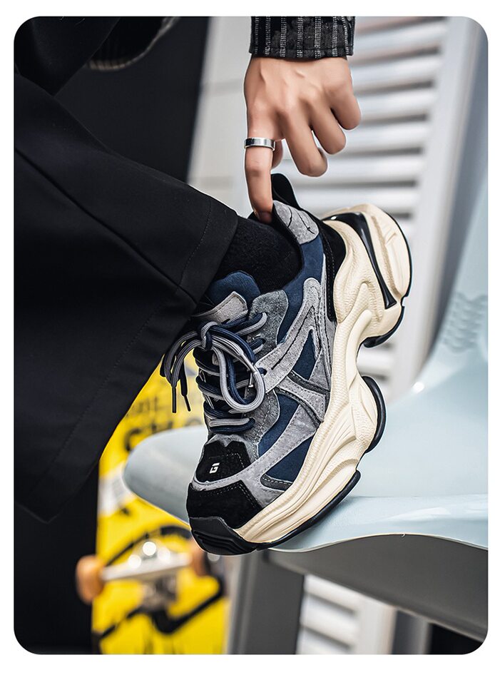Giày sneaker nam phong cách giày bố đế lốp, da nhân tạo, gót 3–5 cm — màu vàng, màu xám đen, đen chi tiết 16