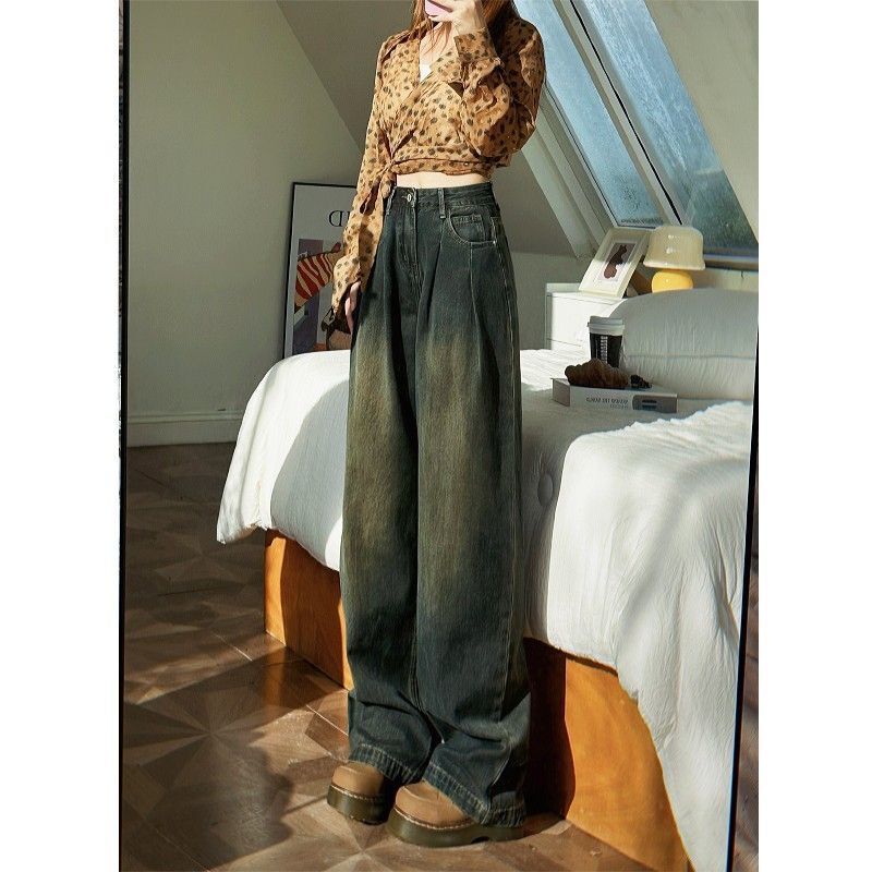 American-style retro wide-leg jeans women's autumn and winter high waist slimming loose straight drape High Street mop long pants American-style retro wide-leg jeans women's autumn and winter high waist slimming loose straight drape High Street mop long pants
