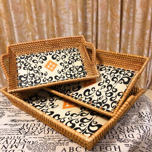 Vietnamese Ethnic Wood Printed Fruit Plate Living Room Desk Tray Bread Storage Tray Dry Fruit Snack Plate