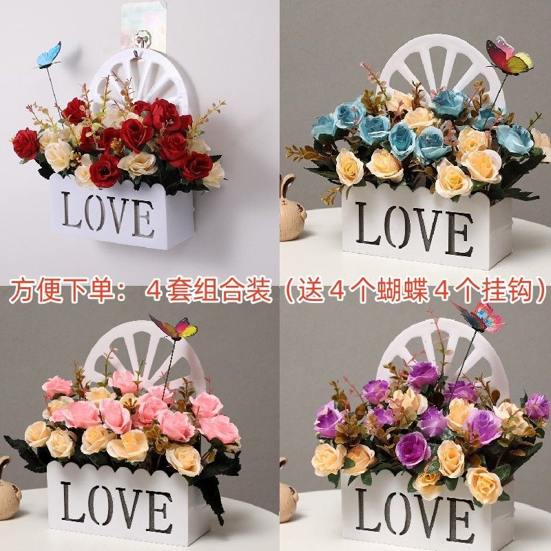 Wall-Mounted Artificial Flower Set, Fake Flowers, Silk Flowers, Tv Wall, Bedroom Partition, Home Living Room, Fence Wall Hanging Flower Basket