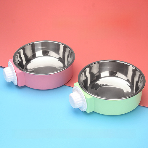 Cross-border direct supply pet candy color stainless steel dog bowl, pet cat food bowl with cage, hanging stainless steel hanging bowl