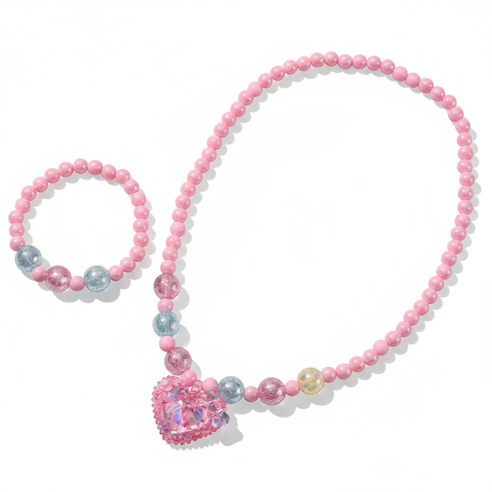新款儿童饰品项链手链套装亚克力手工串珠粉色心形配饰首饰两件装