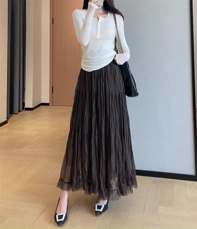 ES99浪漫仙美千金网纱裙不规则压皱织面中长款半身裙女2025秋|undefined