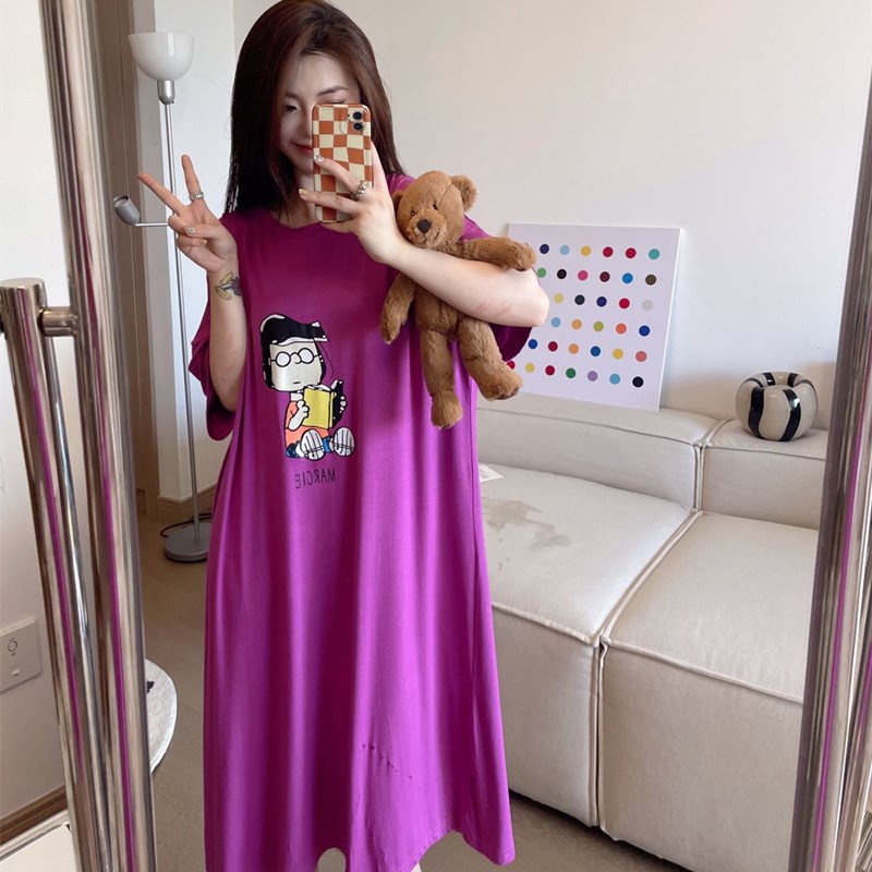 Pijama de verano lindo dibujos animados moda vestido de pijama de mangas cortas para mujeres delgado fresco estudiante vestido larga suelta ropa para el hogar