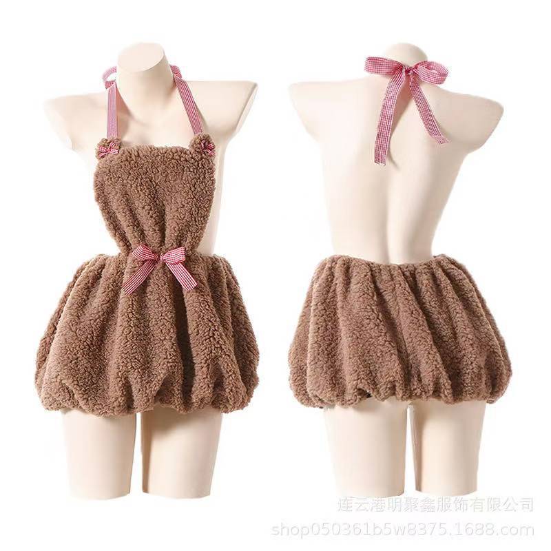 Plush Backless Maid Bear Nightdress with Bow and Hip Skirt, Sexy Polyester Pajama Costume — detail image 7