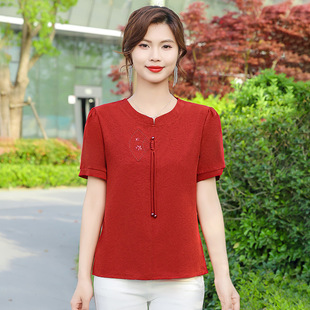 Chinese Style Mom Summer Embroidered Short-Sleeved Tops 2025 New Summer Style Middle-Aged Ladies Thin Chiffon Tops