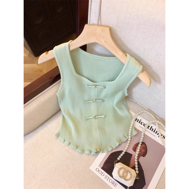 New Chinese-Style Beaded Button Knit Vest with Square Neck and Wide Shoulder Straps, Sleeveless Top for Summer, Export Cross-Border Factory New Chinese-Style Beaded Button Knit Vest with Square Neck and Wide Shoulder Straps, Sleeveless Top for Summer, Export Cross-Border Factory