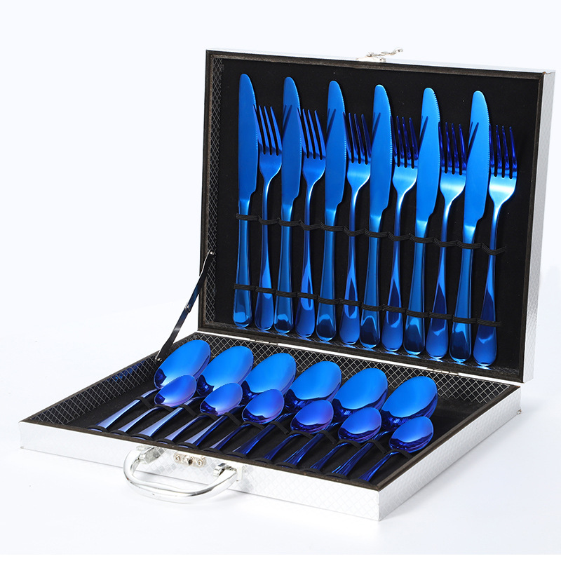1010 파란색 수저, 포크, 스푼 24개(은색 상자)