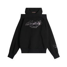 美式高街设计感小众烫钻一字肩连帽卫衣女秋季辣妹露肩帽衫外套潮