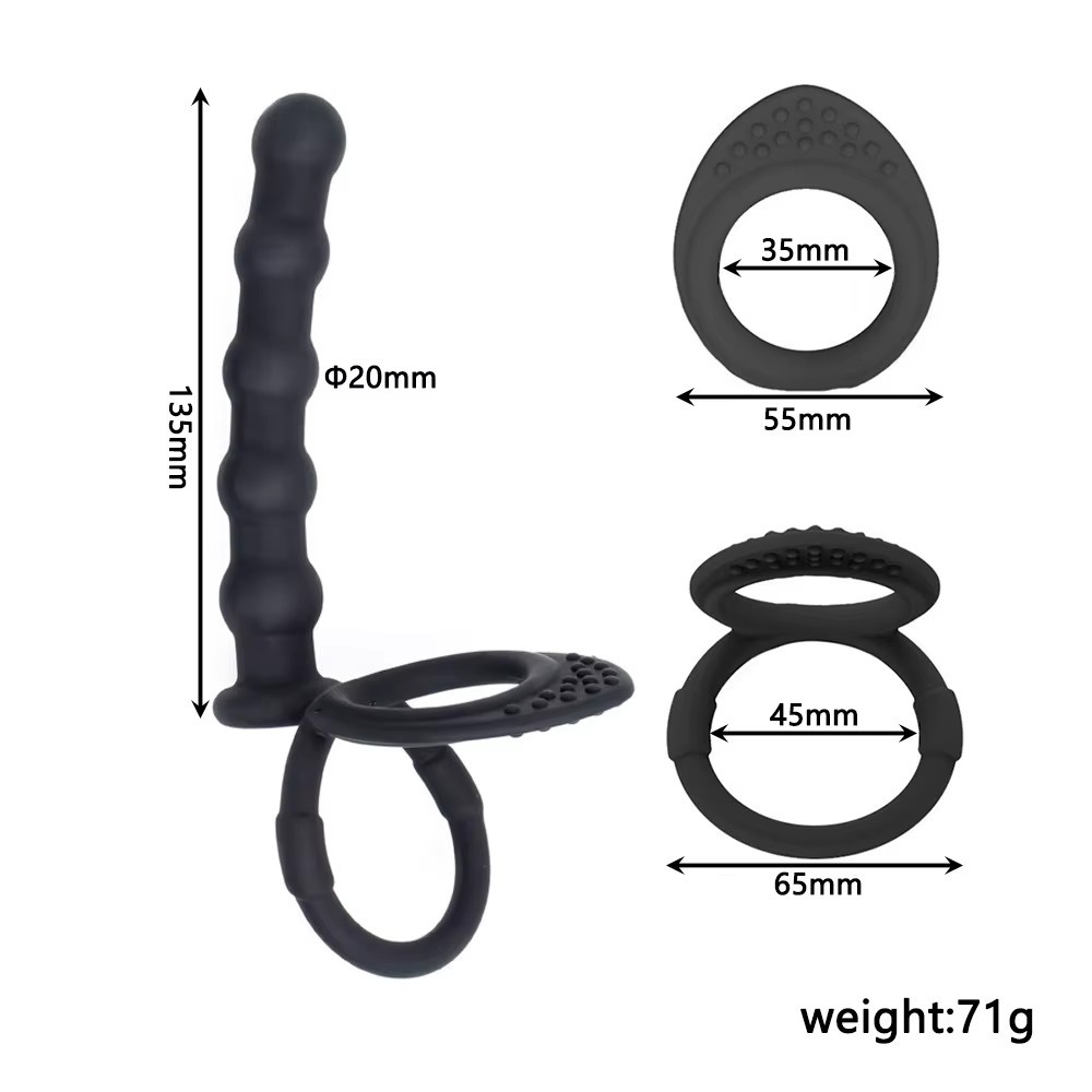 Silicone Anal Plug with Double Ring and Beaded Design, Black Prostate Massager — detail image 5