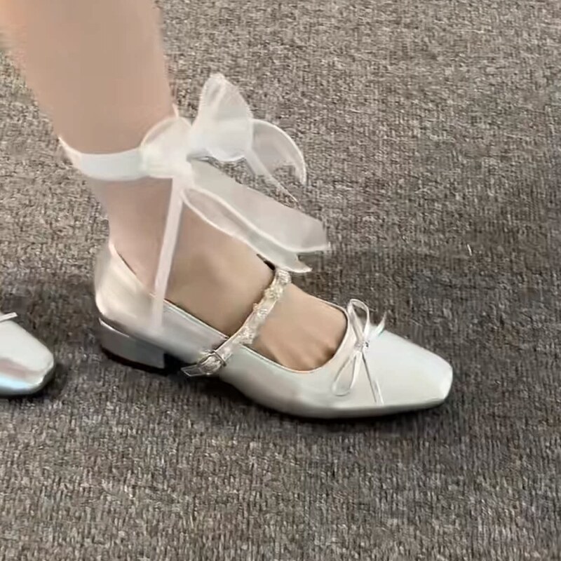 Gentle and Girly Pointed-Toe Shoes, Fashionable Retro Casual Chunky Heel Square-Toe Single Shoes, French-Style Rhinestone Chunky Heel Mary Jane Shoes