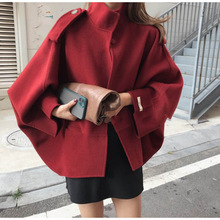 韩国chic秋冬法式复古立领宽松落肩蝙蝠袖斗篷式毛呢外套女