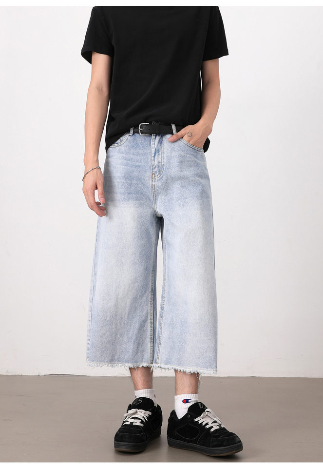 Quần short denim nam ống rộng dáng thẳng, kiểu Mỹ cổ điển, wash xước gấu, dài 8/10 — Màu xanh dương chi tiết 15