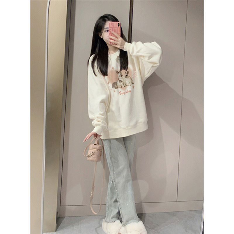 살구색 크루 넥 스웨트 셔츠 여성의 2024 년 새로운 폭발 봄과 가을 착용 오버 사이즈 속옷 누락 긴 소매 탑