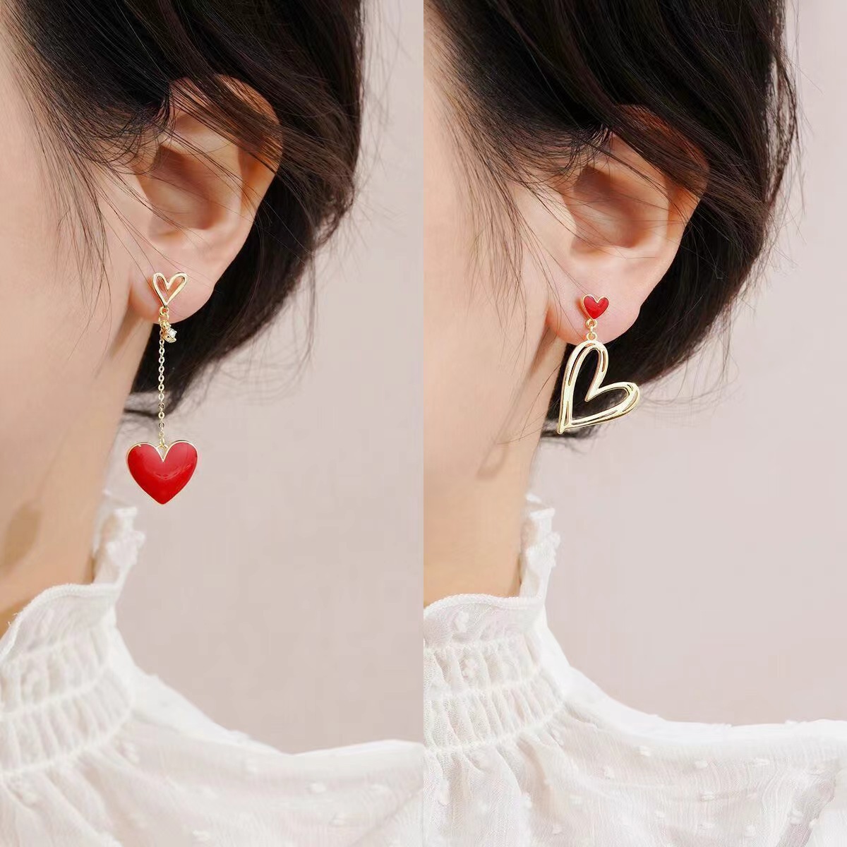 Red asymmetrical earrings stainless steel