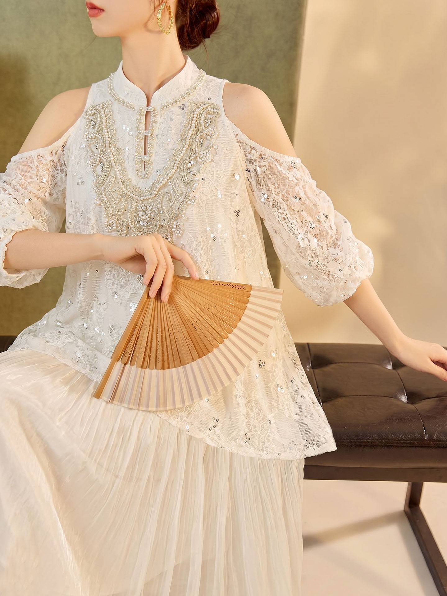 Đầm maxi tay bong bóng mở rộng vai — Tuyết Xanh, Aurora trắng