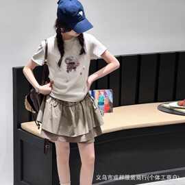 【两件套】2026女童中大童夏季新款韩系短袖T恤透气修身花苞裙套