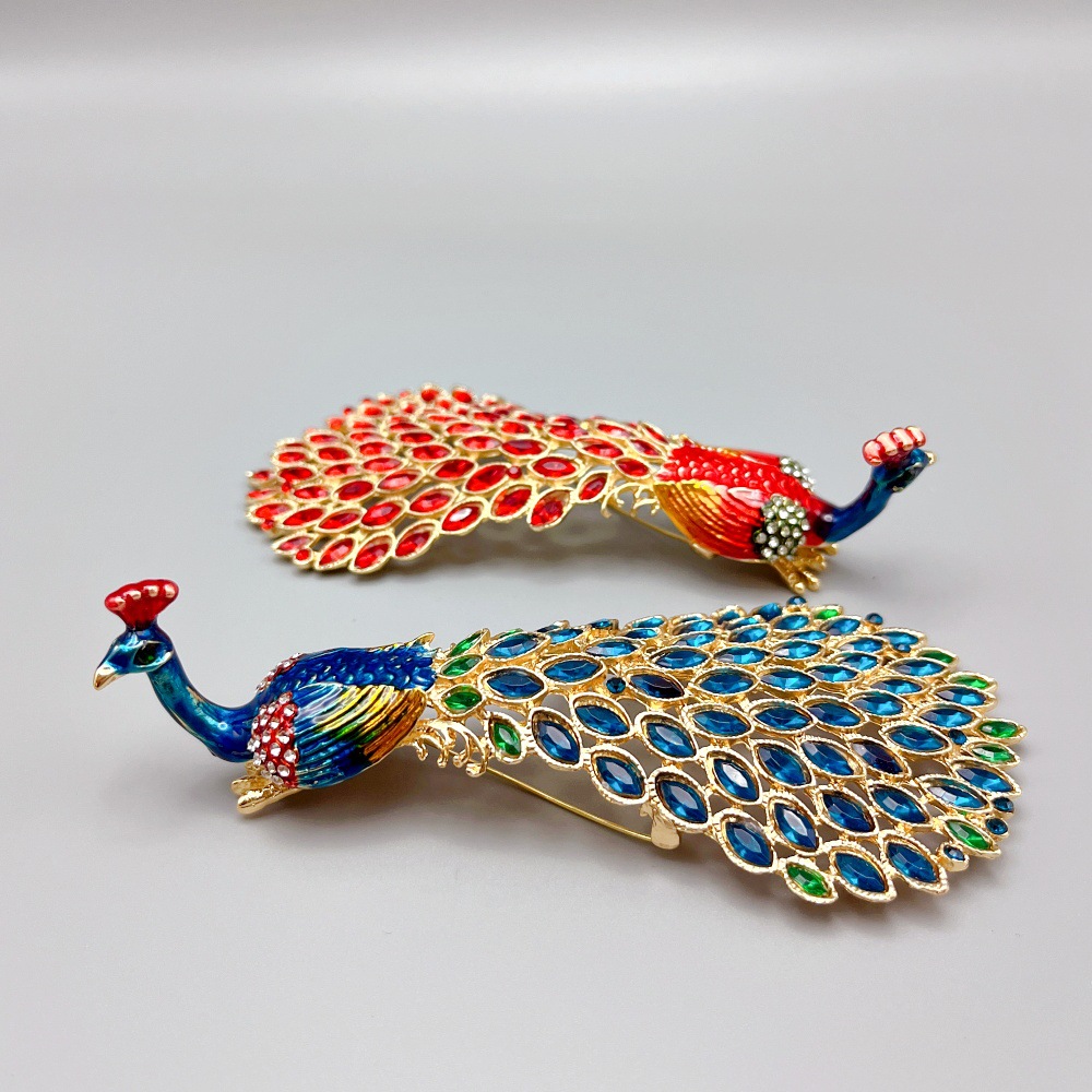 Foreign Trade Cross-Border Large Hole Bird Brooch Enamel Rhinestone Luxury Peacock Big Bird Corsage Clothing Accessories Festive Gift
