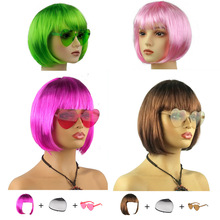 彩色波波假发含眼镜万圣节搞笑搞怪道具短直发头套学生发装扮道具