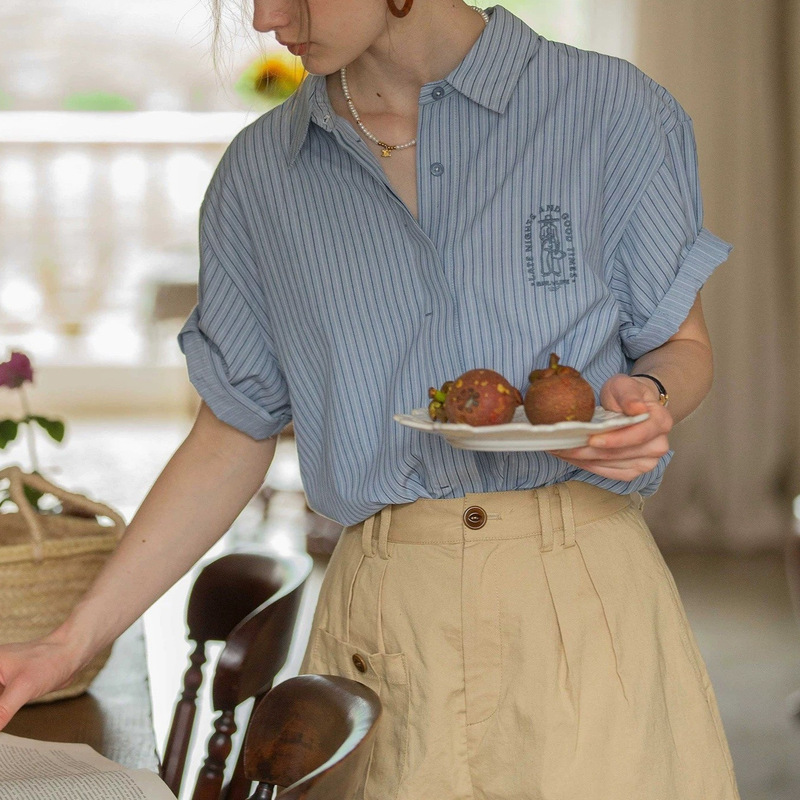 Dailyart French Blue Shirt Top Women's Summer Vintage Embroidered Casual All-match Short-sleeved Striped Spring Shirt