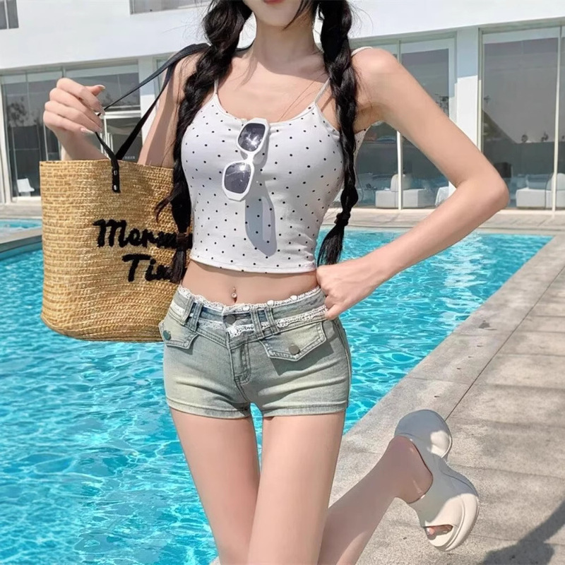 Lace Stitching Hot Girl Low Waist Hot Pants Summer New Sexy Slim Look Big Long Legs Tight Denim Shorts Trendy